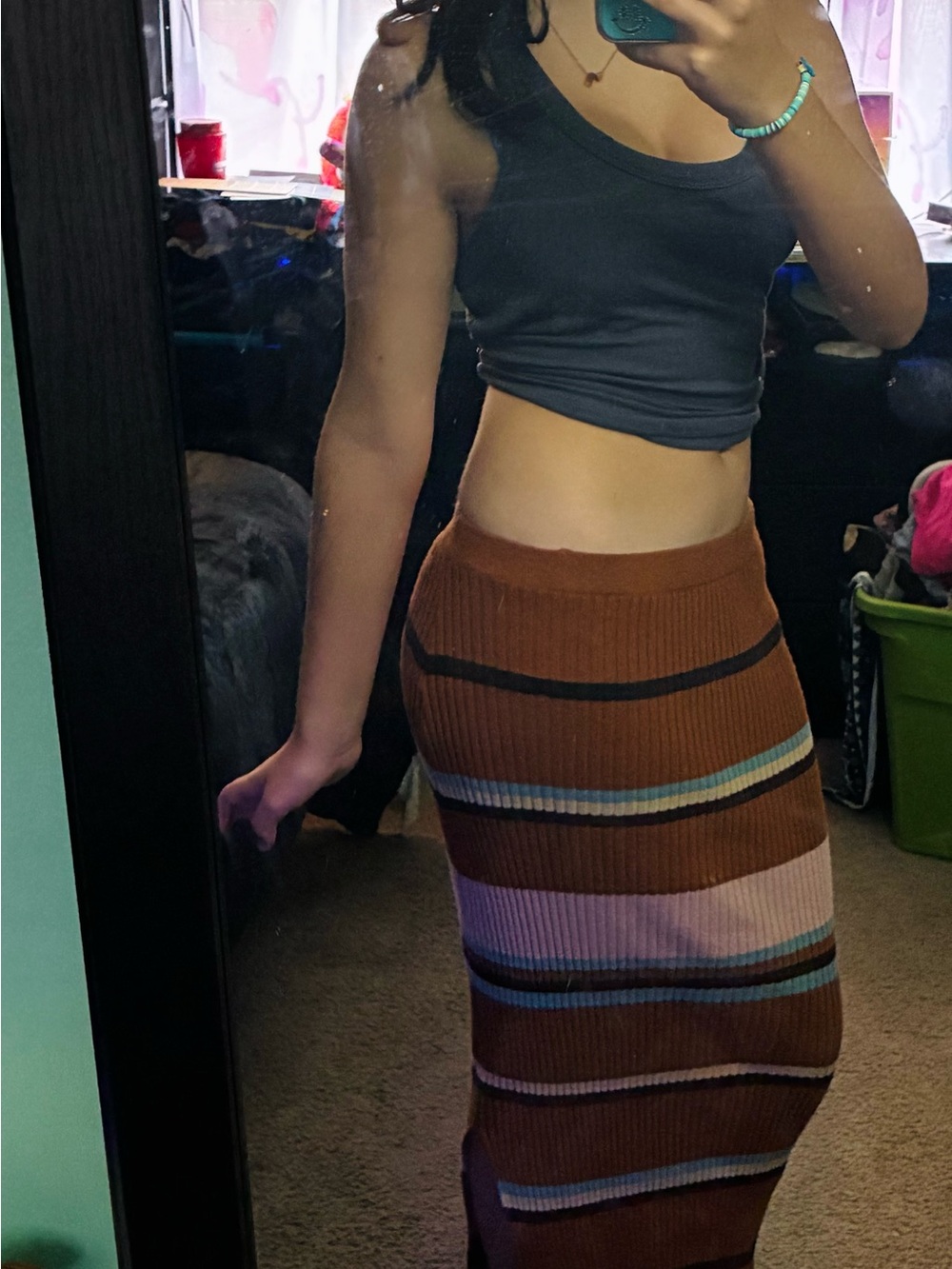 Nine West Brown Ribbed Midi Skirt with Multicolor Stripes